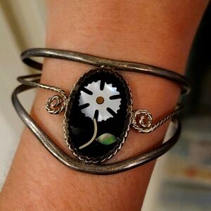 Vintage Abalone Flower Silver Bracelet